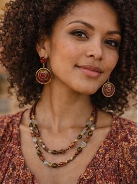 Retro Brass & Burgundy Swirl Dangle Earrings